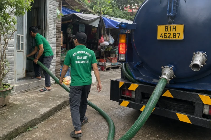 Nhân viên dẫn ống từ xe bồn vào lối nhà