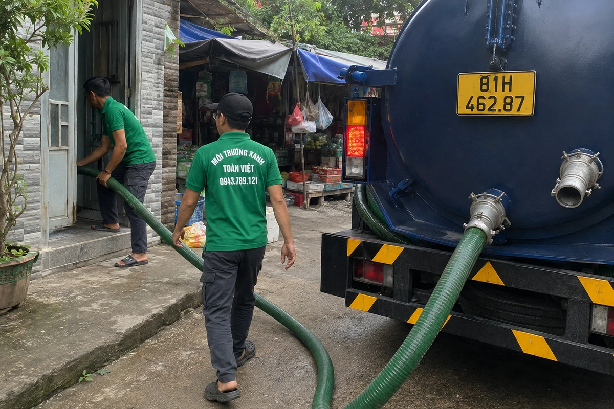Hút hầm cầu Chư Pưh 24/7, xe hút tới tận nơi nhanh 10 Xe hút hầm cầu đậu cạnh dãy hàng quán tại Gia Lai