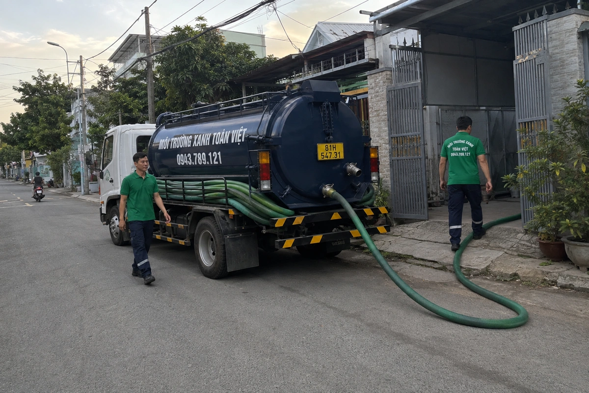 Hút hầm cầu Ayun Pa 24/7, xe hút về tận nhà vườn xa 13 Xe hút hầm cầu trên đường vào khu dân cư tại Gia Lai