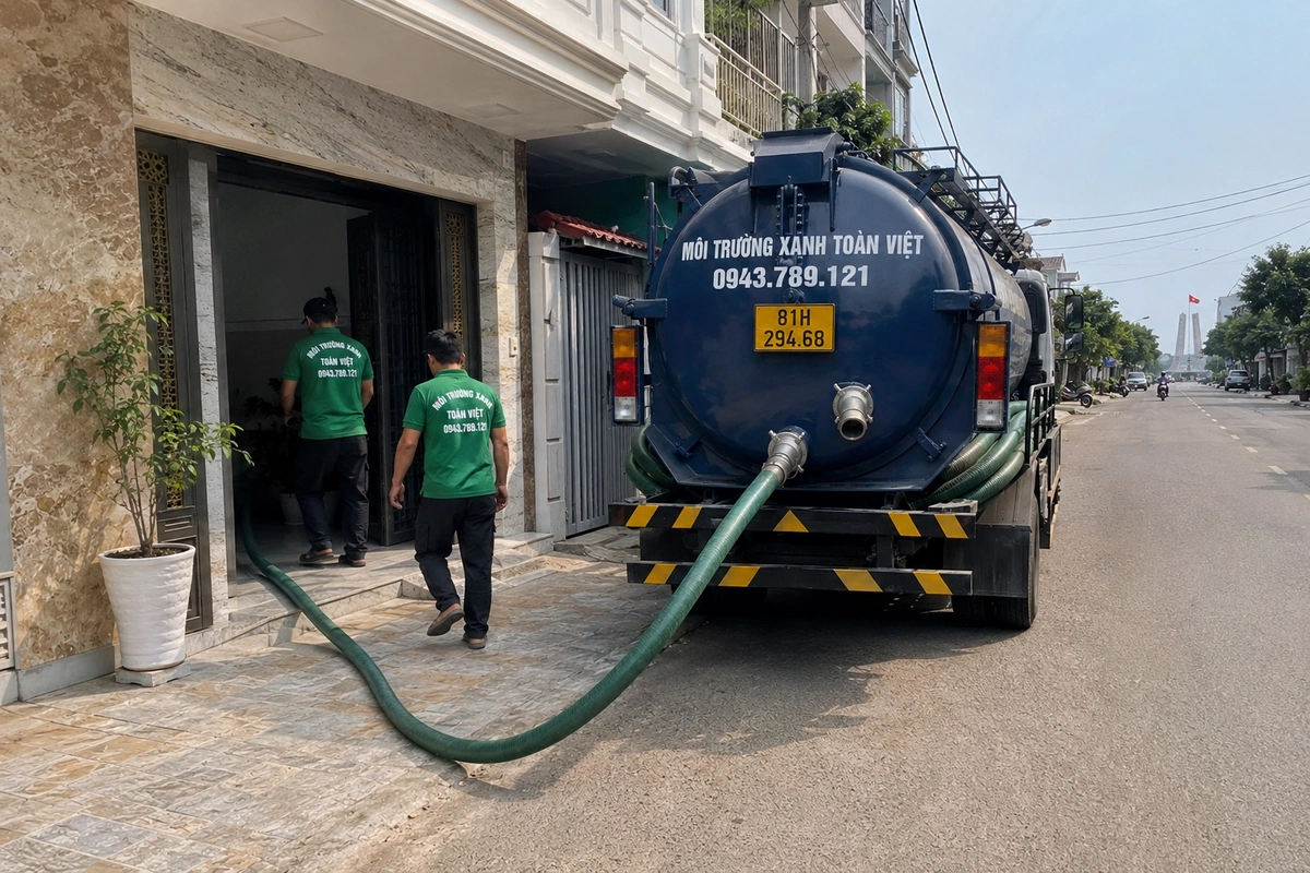Hút hầm cầu Chư Păh 24/7, xe hút tới tận homestay đồi 11 Xe hút hầm cầu trên đường vào khu dân cư tại Gia Lai