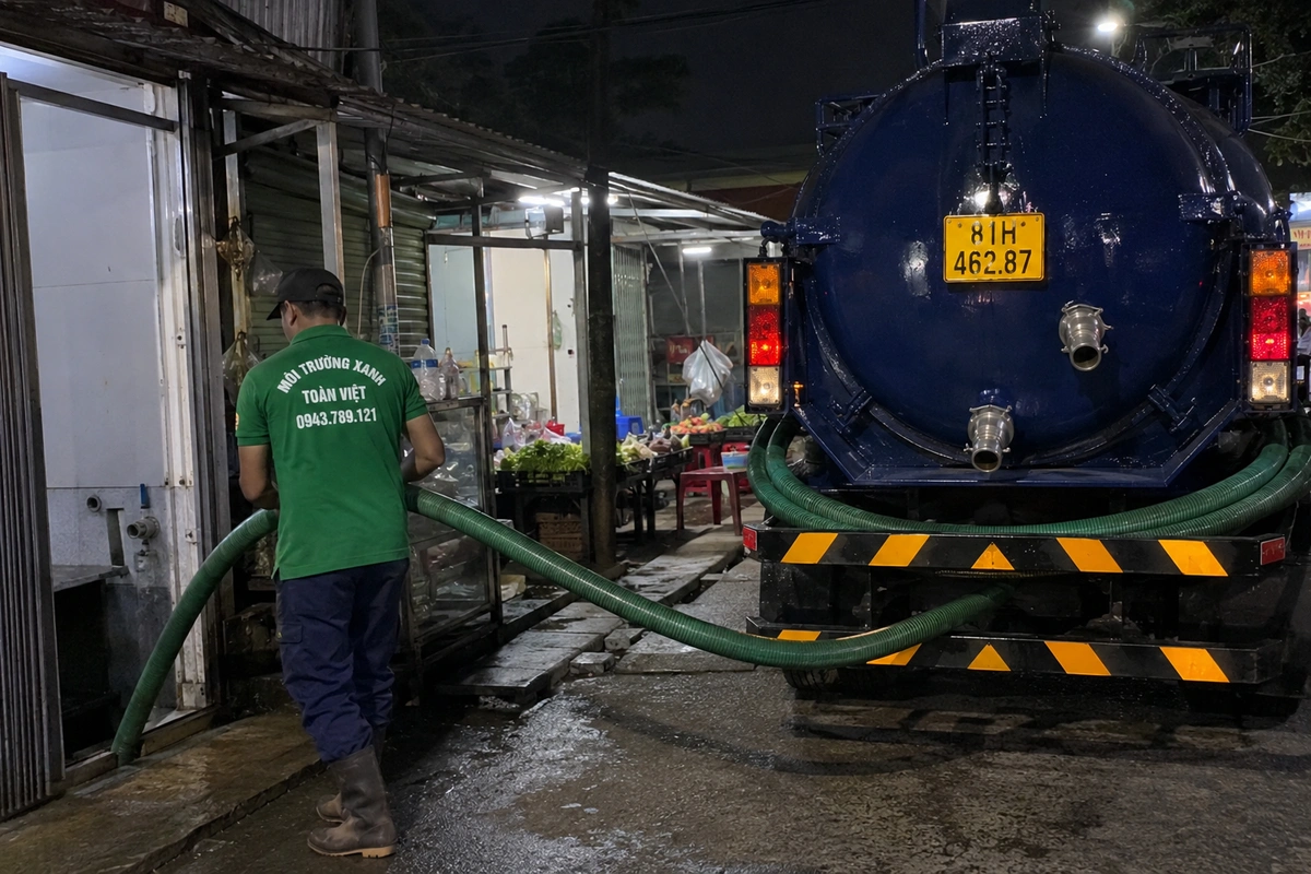 Hút hầm cầu Ayun Pa 24/7, xe hút về tận nhà vườn xa 12 Xe hút hầm cầu đậu cạnh dãy hàng quán tại Gia Lai