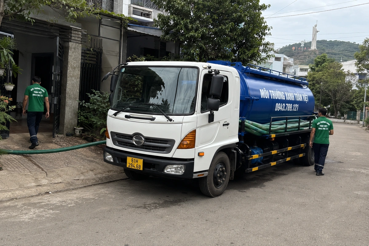 Hút hầm cầu Chư Sê 24/7, nhận cả kho nông sản mùa vụ 14 Xe hút hầm cầu trên đường vào khu dân cư tại Gia Lai