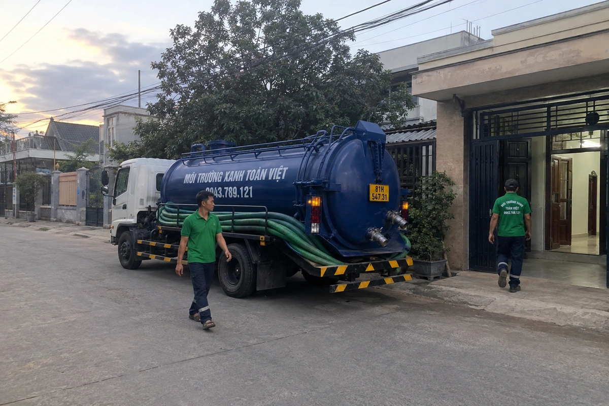 Hút hầm cầu Đăk Pơ 24/7, đo theo m³ và theo khối rõ 12 Xe hút hầm cầu trên đường vào khu dân cư tại Gia Lai