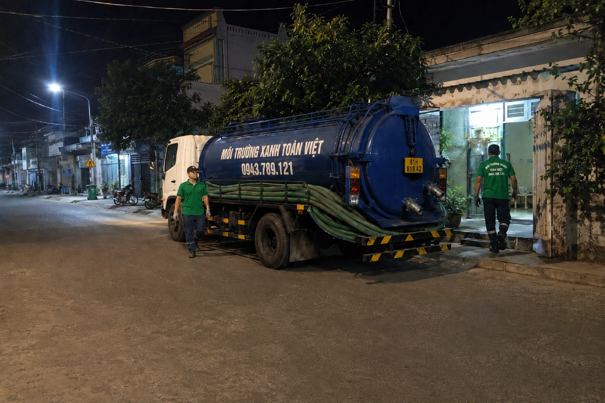 Hút hầm cầu Đức Cơ 24/7, nhận cả khu công nhân cao su 10 Xe hút hầm cầu trên đường vào khu dân cư tại Gia Lai
