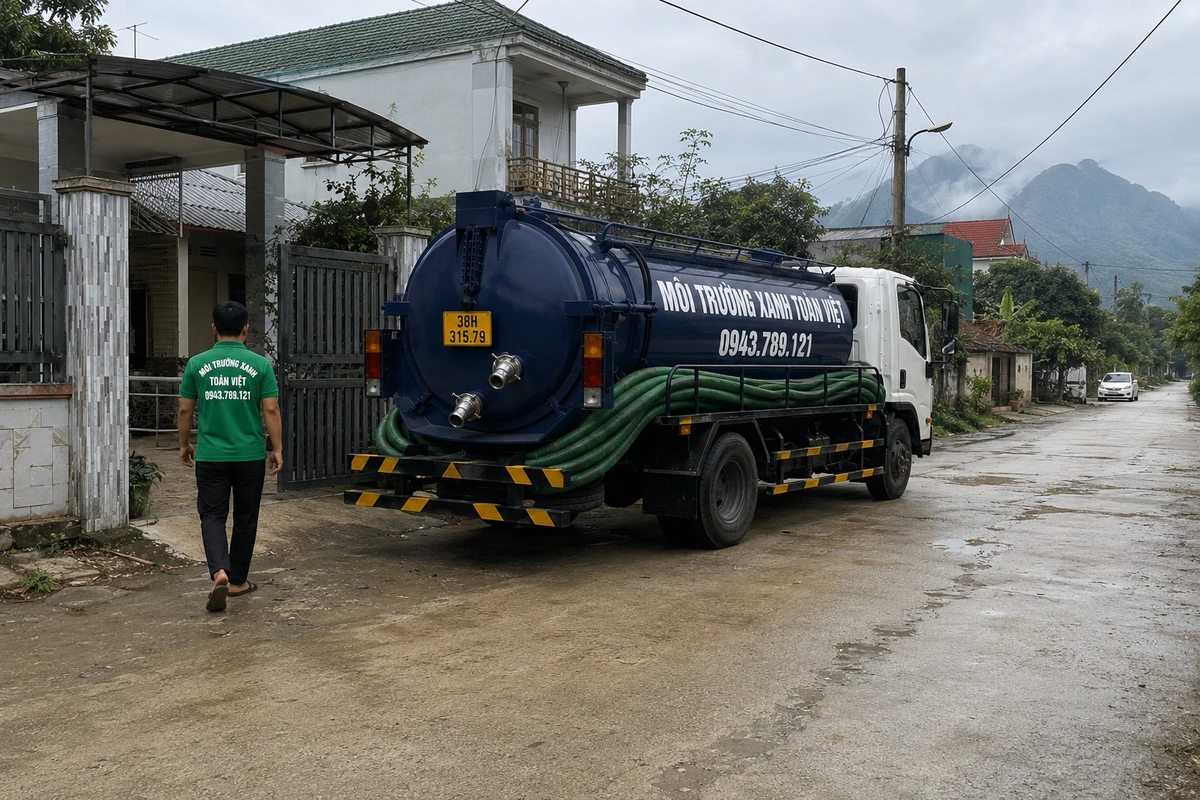 Hút Hầm Cầu Cẩm Xuyên 24/7, Phục Vụ Biển Thiên Cầm 8 Xe hút hầm cầu của Môi Trường Xanh Toàn Việt đỗ trước nhà dân tại Hà Tĩnh