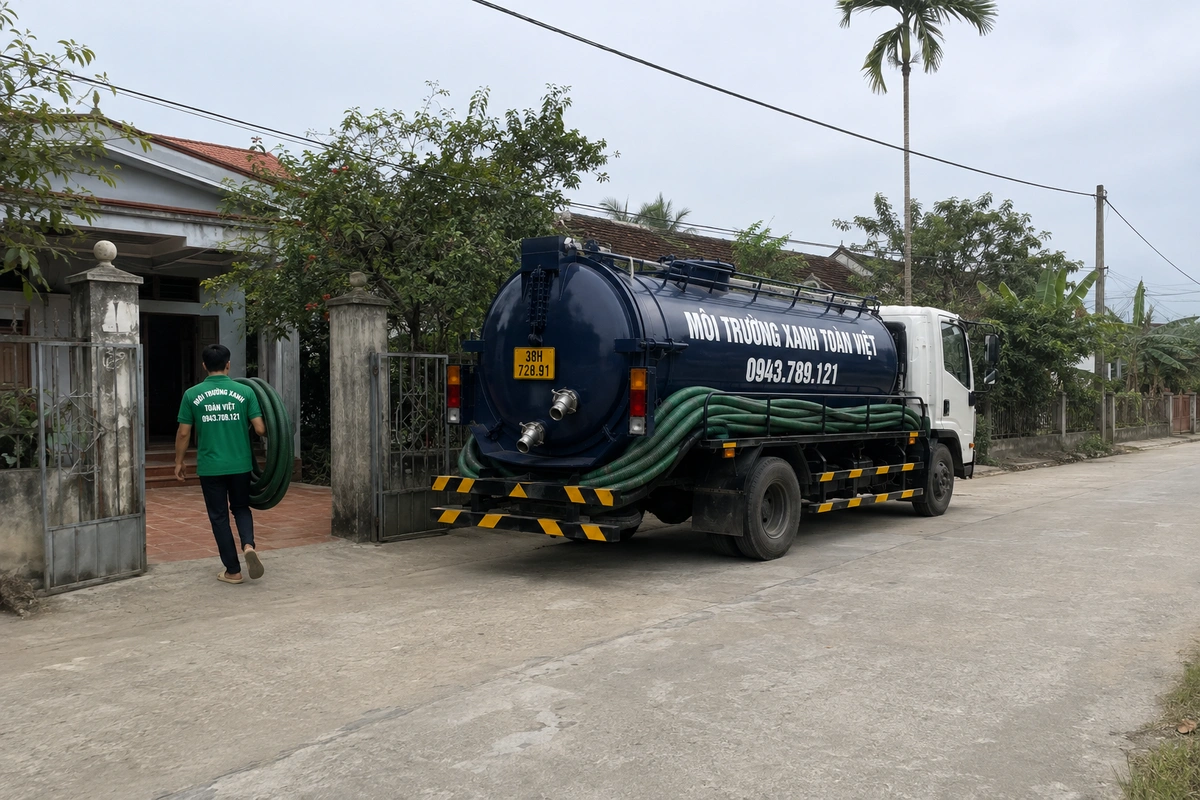 Xe hút hầm cầu Môi Trường Xanh Toàn Việt đỗ trước cổng nhà tại Hà Tĩnh