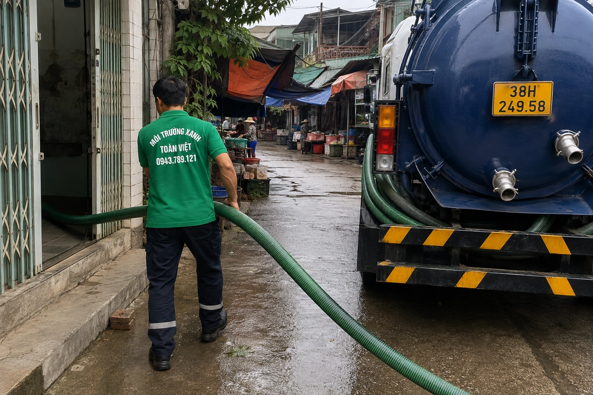 Hút Hầm Cầu Cẩm Xuyên 24/7, Phục Vụ Biển Thiên Cầm 12 Nhân viên kéo ống hút từ xe bồn vào nhà tại Hà Tĩnh