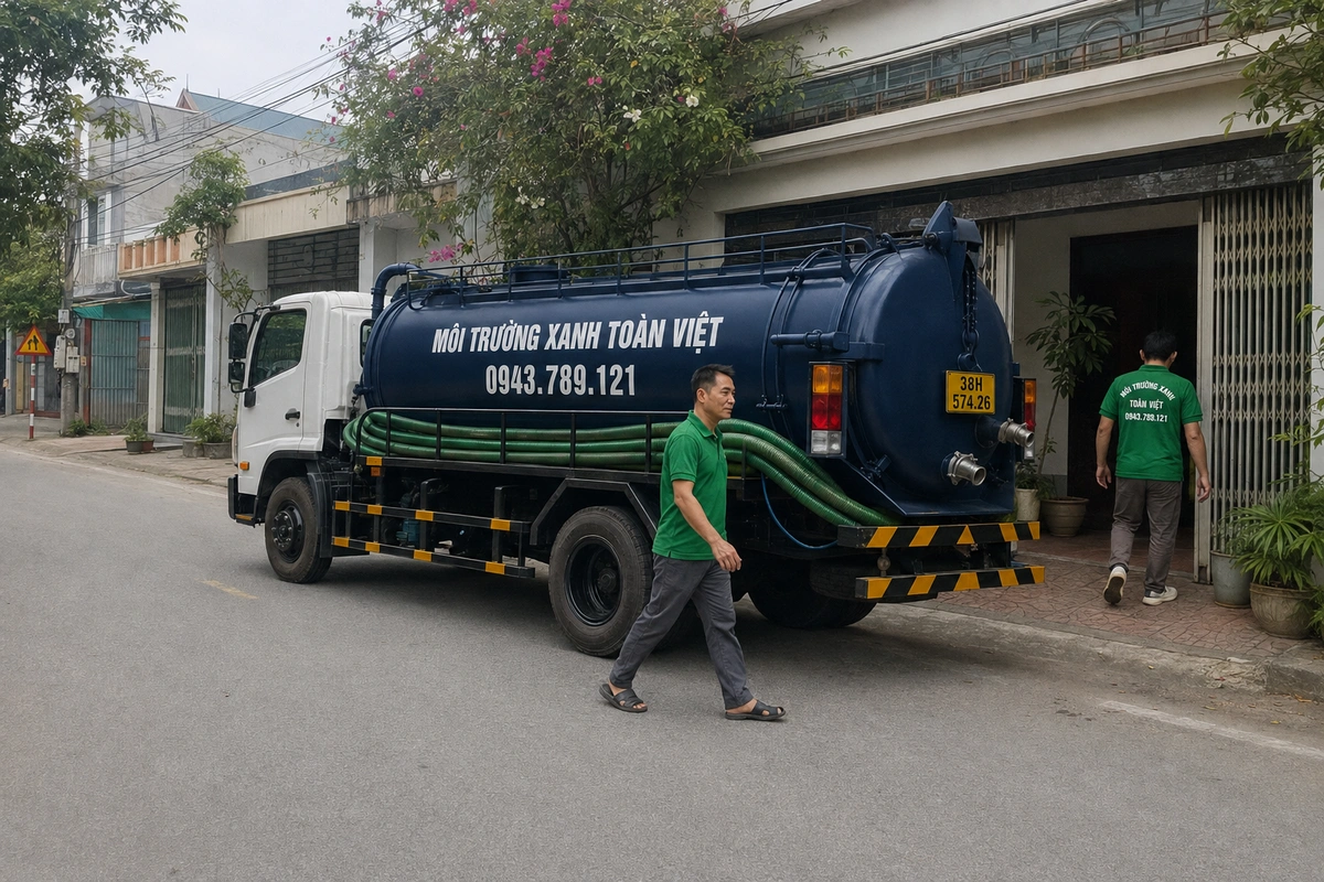 Xe hút hầm cầu Môi Trường Xanh Toàn Việt đỗ trên đường khu dân cư tại Hà Tĩnh
