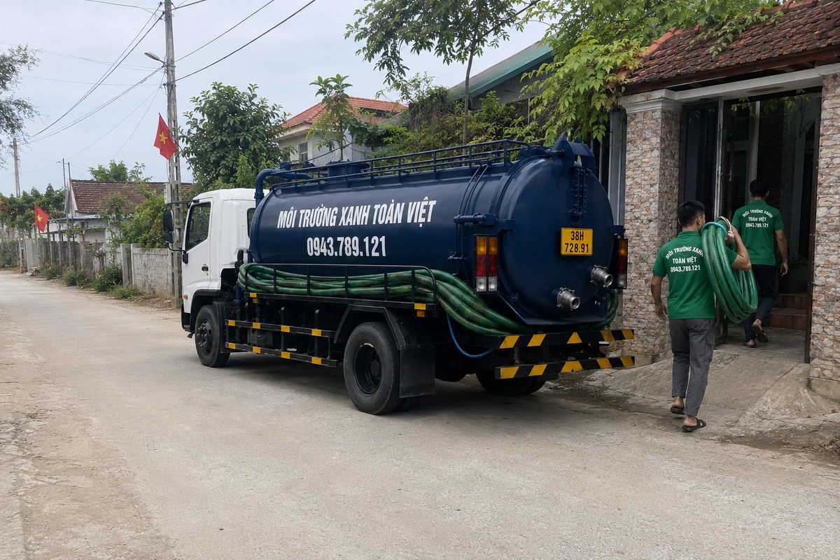 Nhân viên kéo ống hút từ xe bồn vào nhà tại Hà Tĩnh