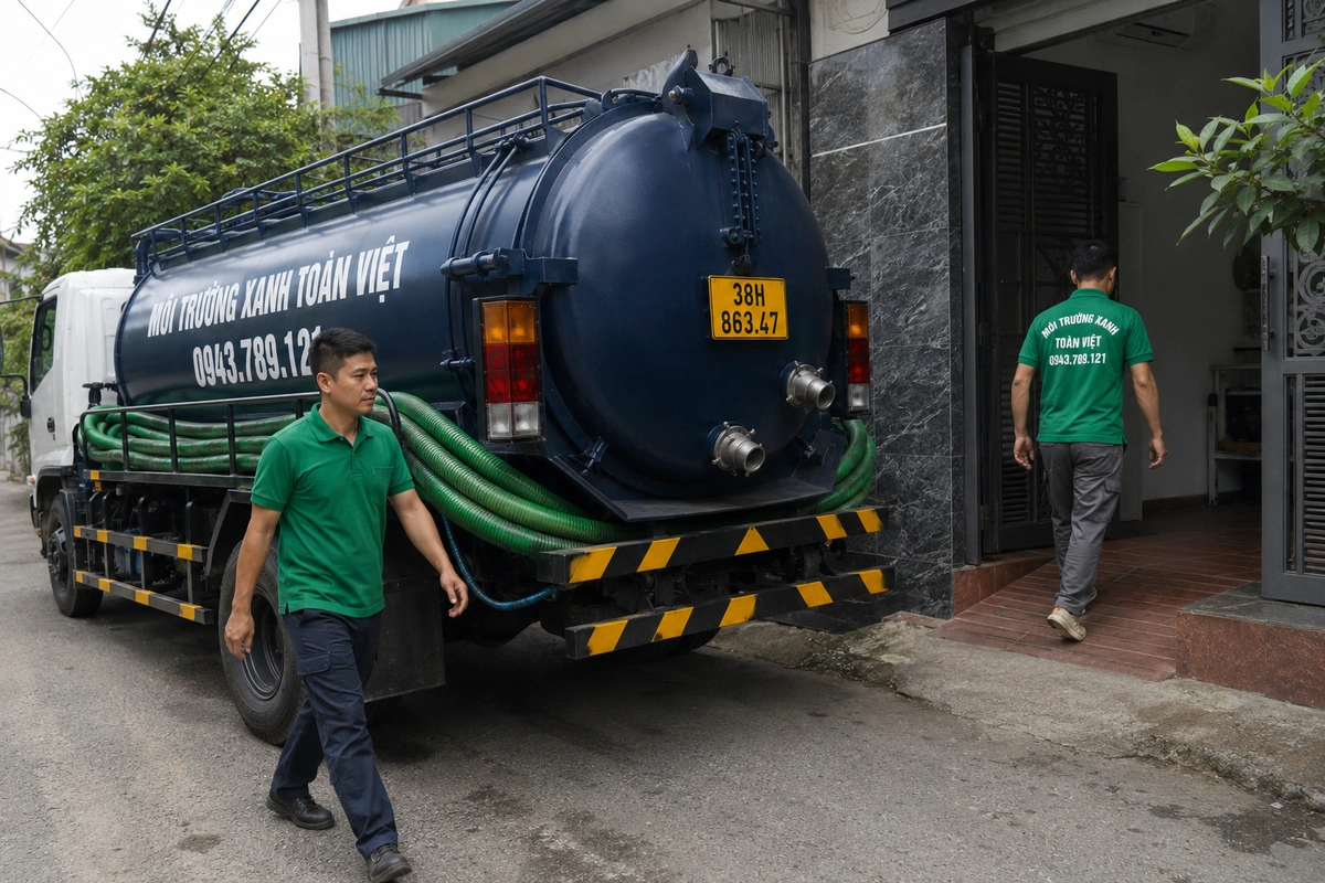 Nhân viên kéo ống hút từ xe bồn vào nhà tại Hà Tĩnh