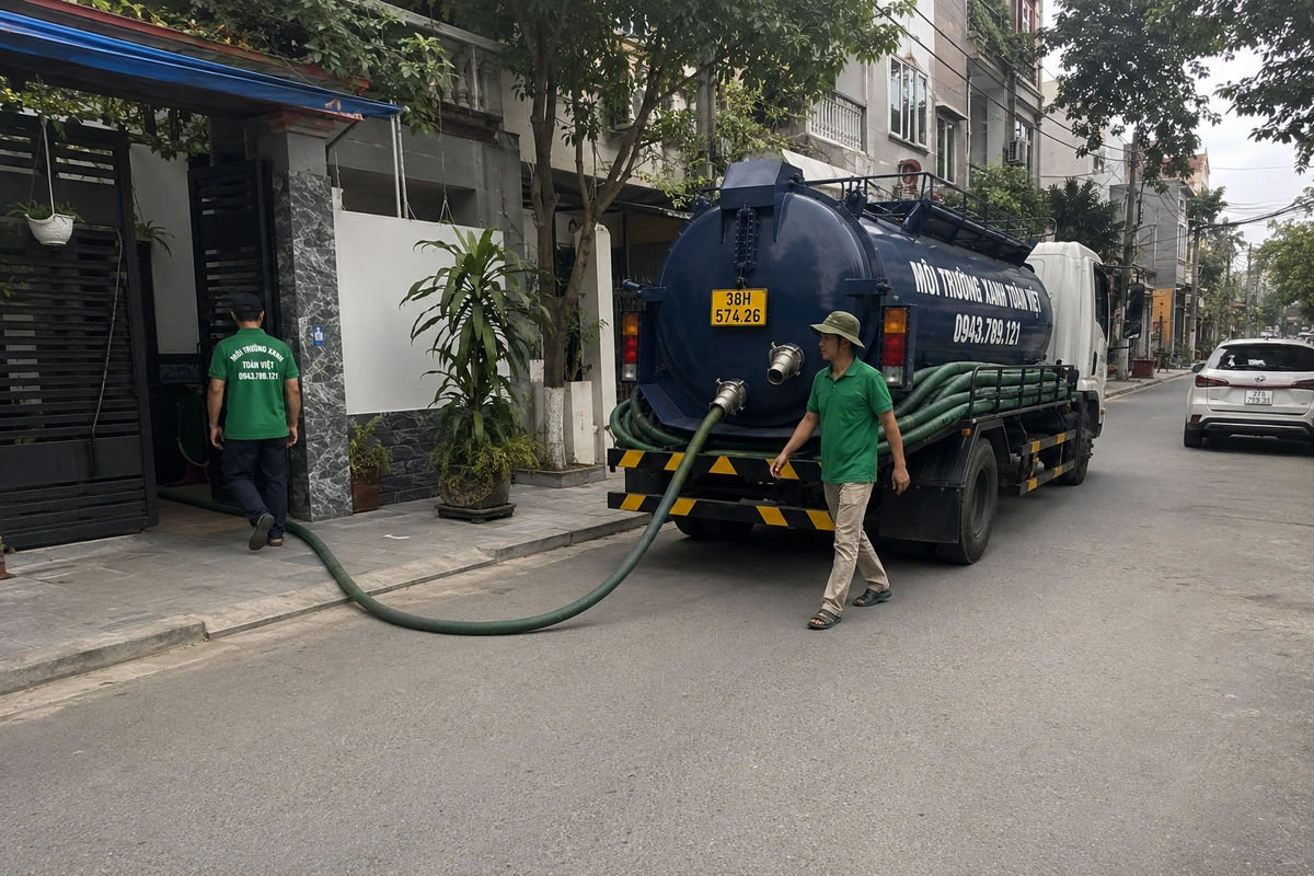 Nhân viên kéo ống hút từ xe bồn vào nhà tại Hà Tĩnh