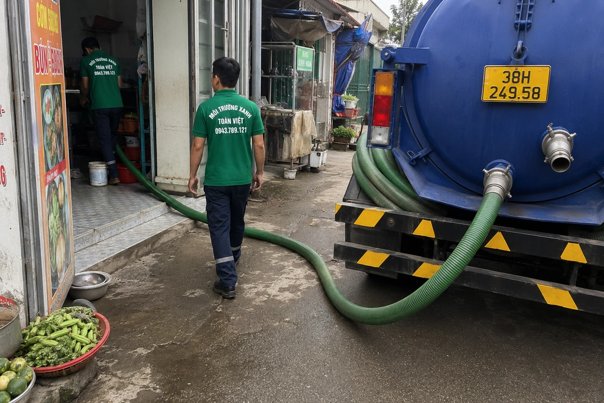 Hút Hầm Cầu Hà Tĩnh Khảo Sát Lối Ống Rồi Mới Báo Giá 12 Nhân viên kéo ống hút từ xe bồn vào cửa hàng tại Hà Tĩnh