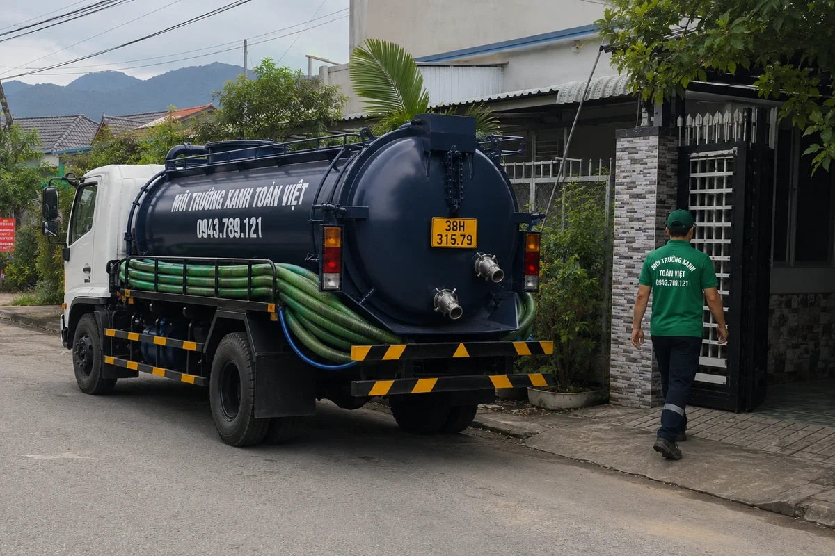 Xe hút hầm cầu đỗ trước nhà dân, phía sau là dãy núi, tại Hà Tĩnh