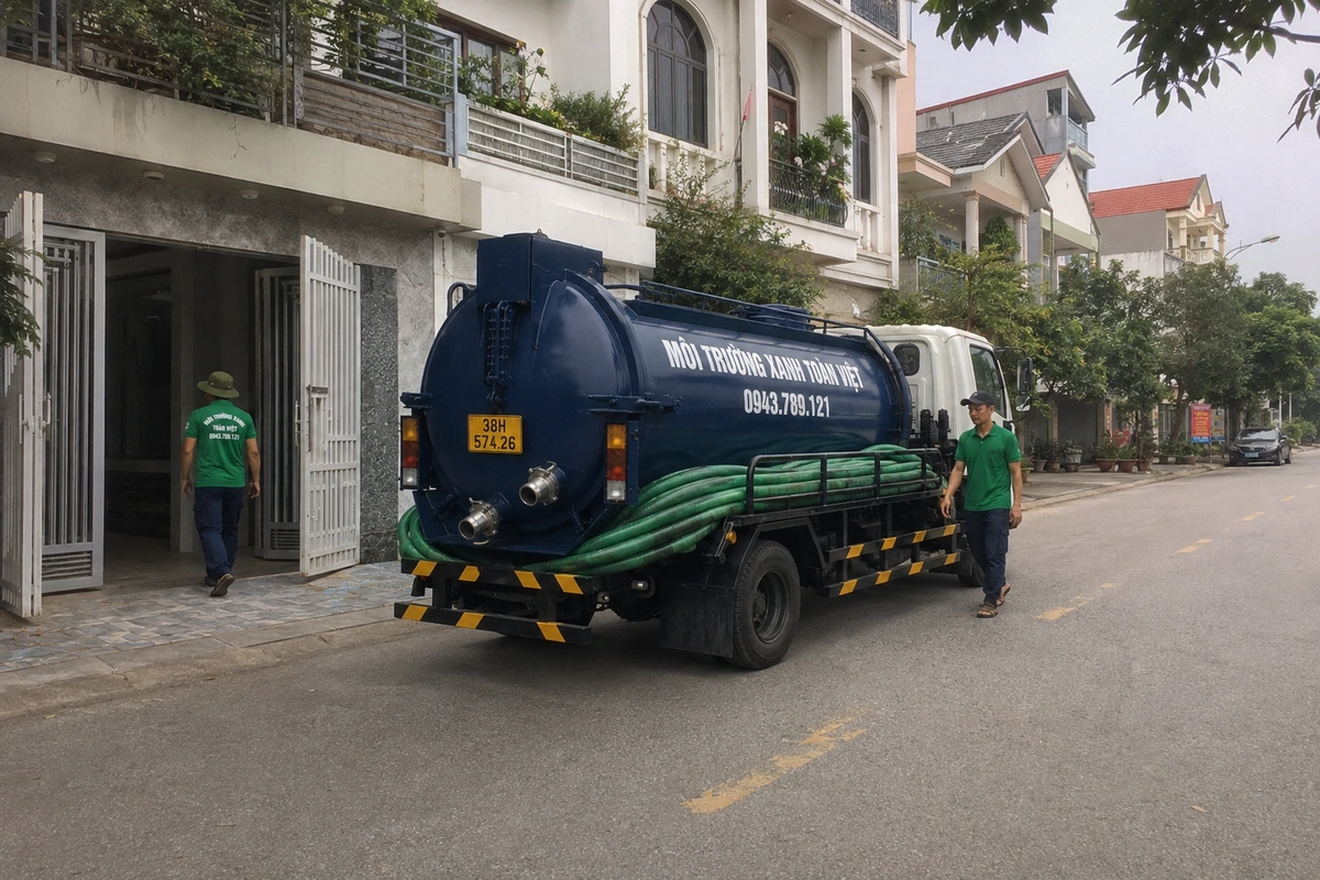 Xe hút hầm cầu Môi Trường Xanh Toàn Việt trên đường khu dân cư tại Hà Tĩnh