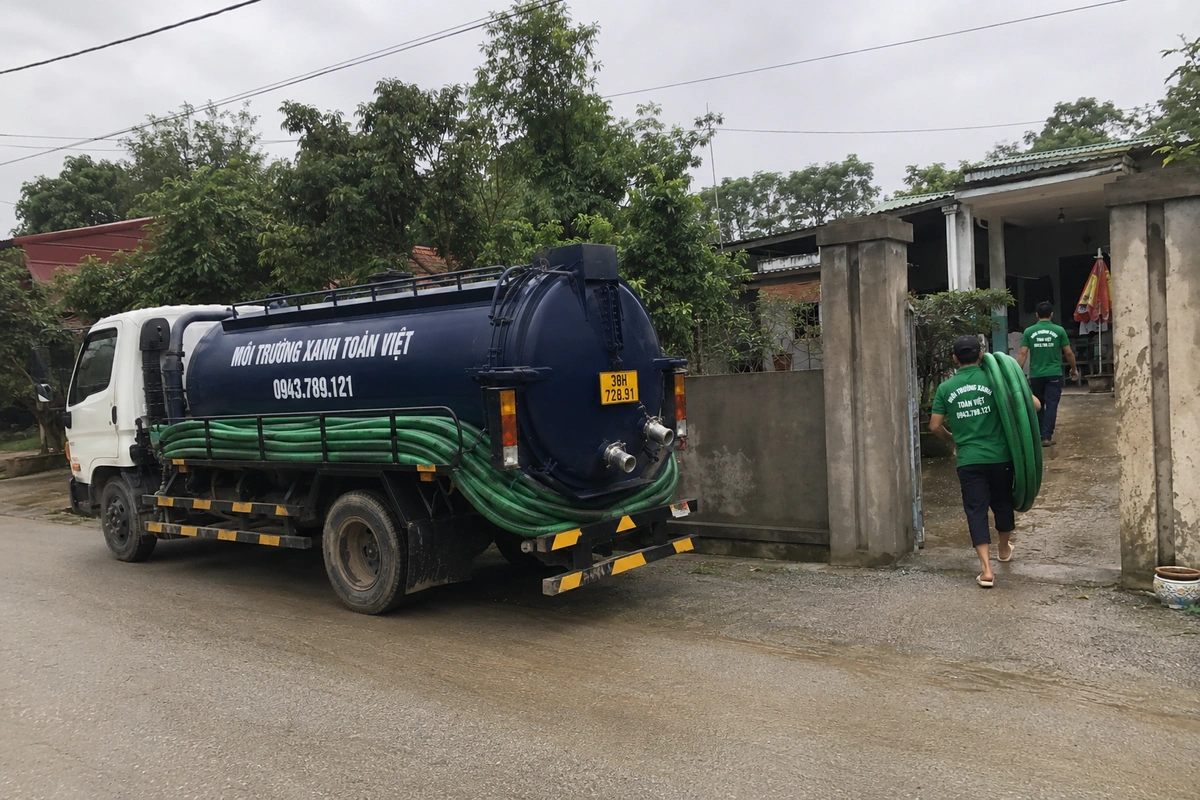 Xe hút hầm cầu Môi Trường Xanh Toàn Việt đỗ bên đường nông thôn tại Hà Tĩnh
