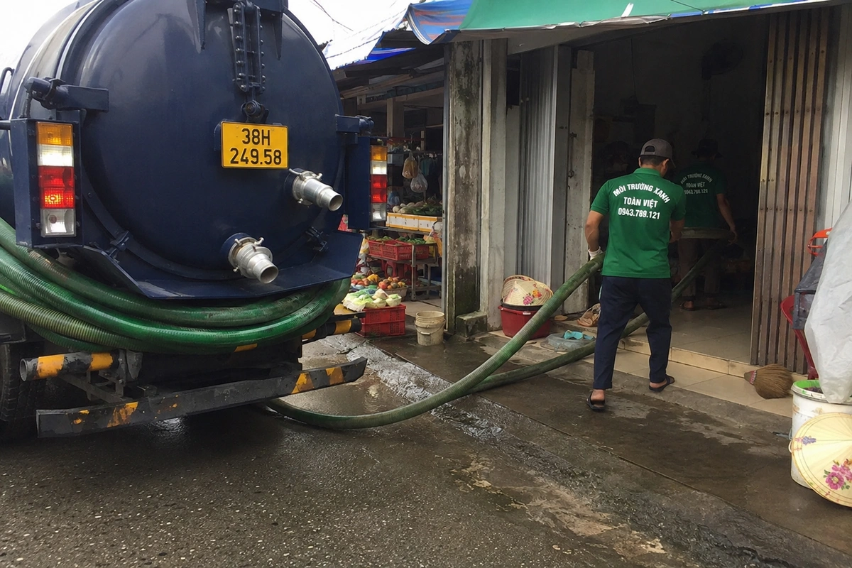 Hút Hầm Cầu Lộc Hà 24/7 | Báo Giá Trước Khi Làm 12 Nhân viên kéo ống hút từ xe bồn vào cửa hàng tại Hà Tĩnh