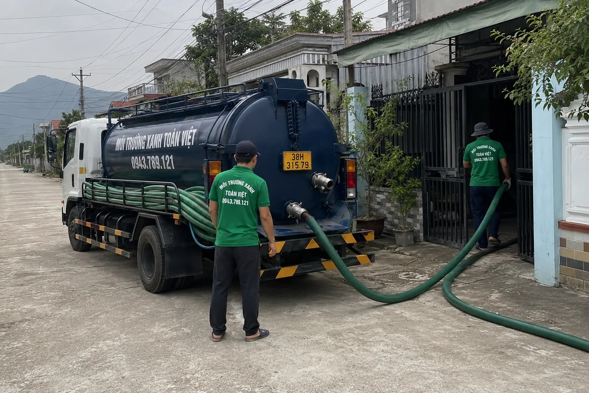 Nhân viên kéo ống hút từ xe bồn vào nhà tại Hà Tĩnh