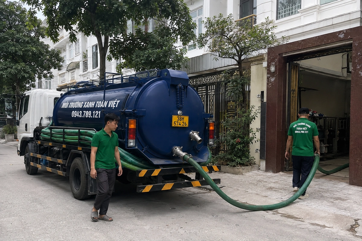 Hai nhân viên kéo ống hút từ xe bồn vào nhà tại Hà Tĩnh