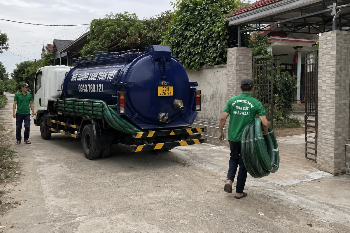 Nhân viên cuộn ống hút bên cạnh xe bồn tại Hà Tĩnh
