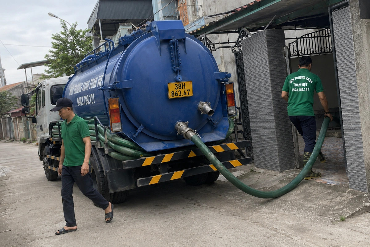 Nhân viên kéo ống hút từ xe bồn vào lối đi bên hông nhà tại Hà Tĩnh