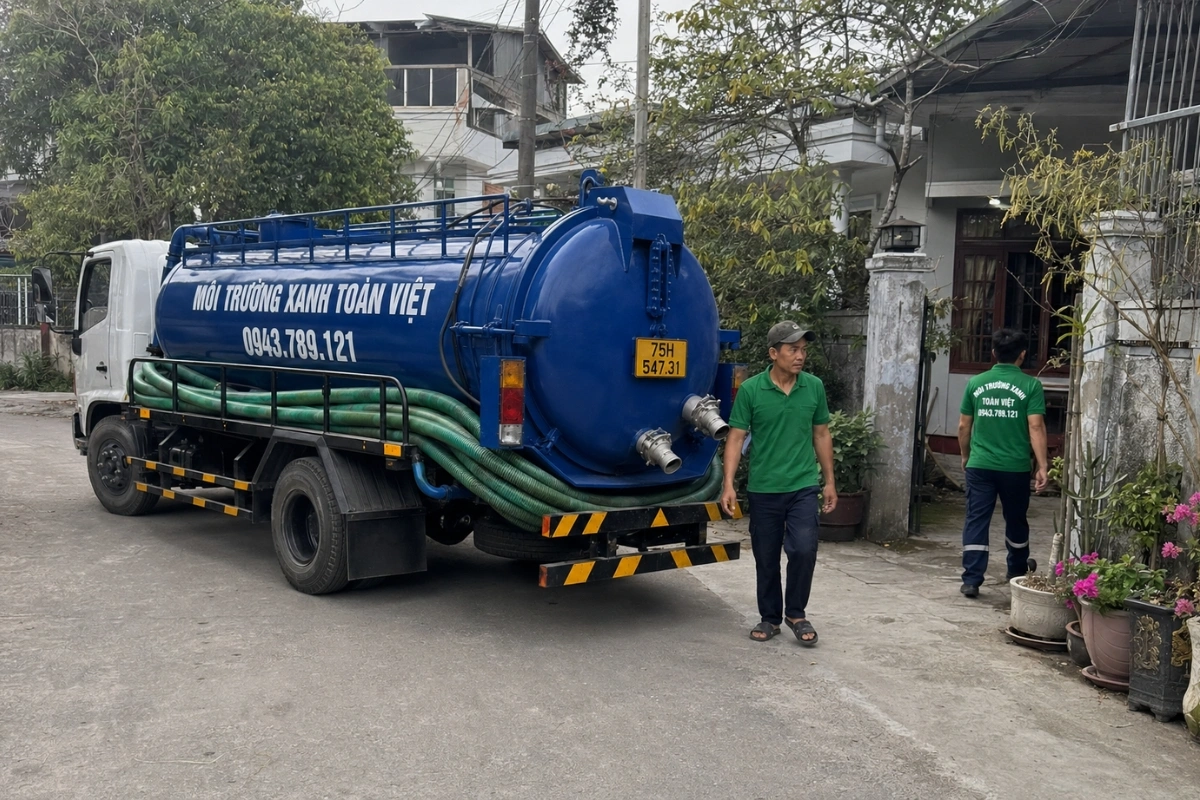 Hút Hầm Cầu Tại Huế Cho Nhà Kiệt Và Vùng Xa Trung Tâm 11 Xe hút hầm cầu đậu ngoài đường trước nhà dân tại Huế