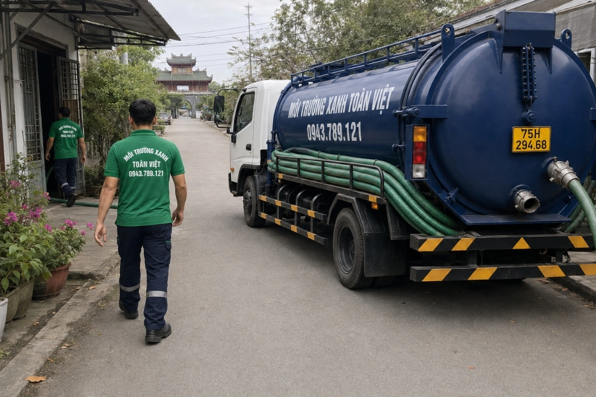 Hút Hầm Cầu Quảng Điền 24/7, Cân theo m³ | Xanh Toàn Việt 9 Xe hút hầm cầu đậu ngoài đường trước nhà dân tại Huế