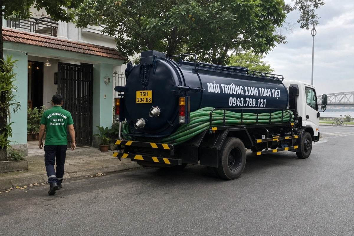 Xe hút hầm cầu đậu ngoài đường trước nhà dân tại Huế