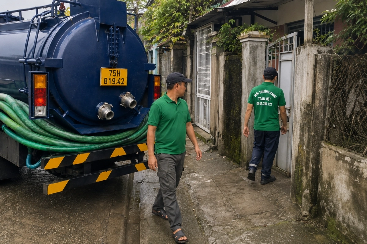 Xe hút hầm cầu đậu ngoài đường trước nhà dân tại Huế