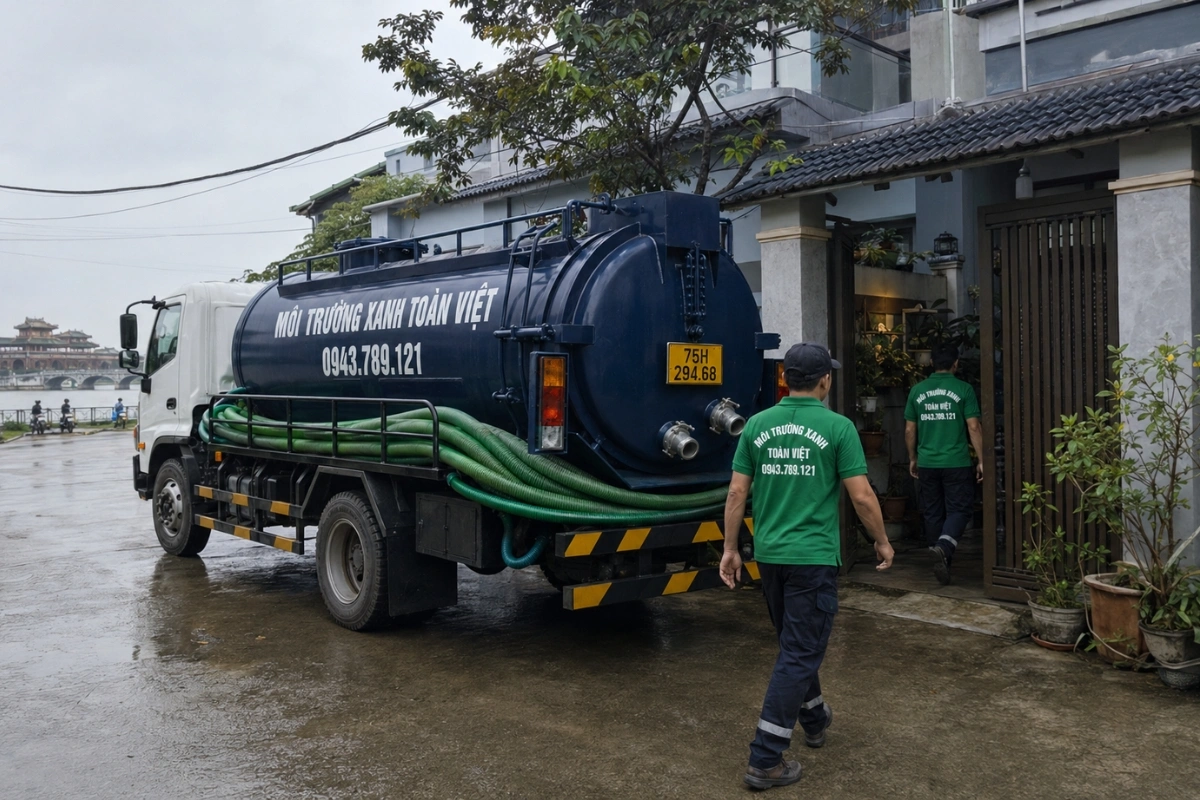 Hút Hầm Cầu Nam Đông 24/7, Cân theo m³ | Xanh Toàn Việt 6 Xe hút hầm cầu Môi Trường Xanh Toàn Việt tại Huế