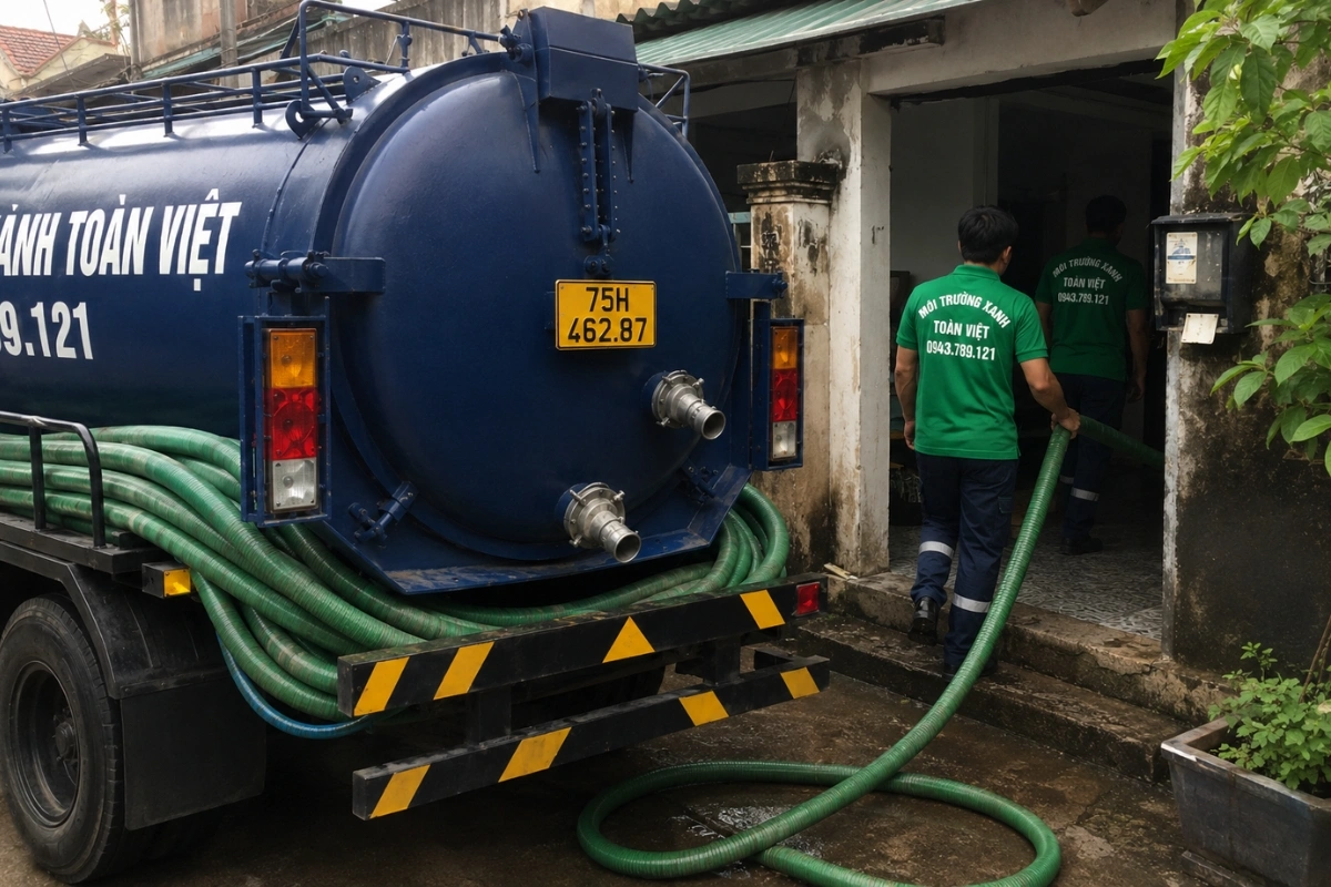 Hút Hầm Cầu Nam Đông 24/7, Cân theo m³ | Xanh Toàn Việt 8 Xe hút hầm cầu đậu ngoài đường trước nhà dân tại Huế
