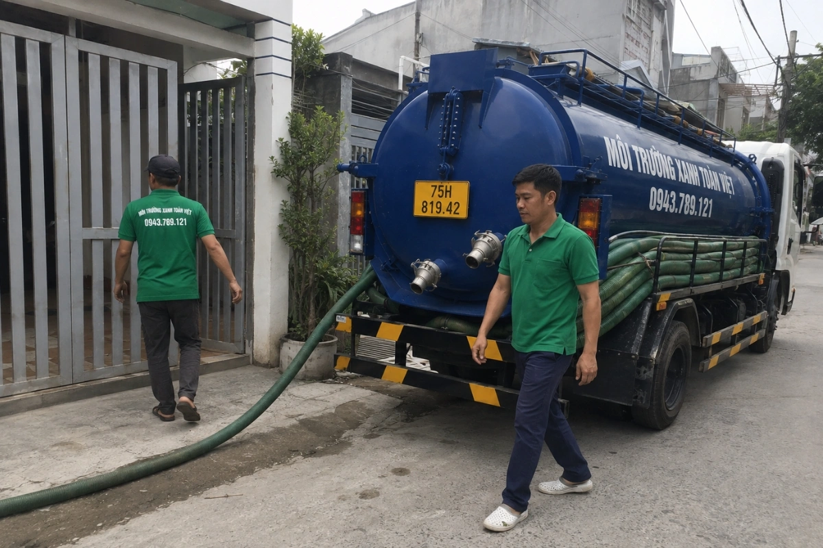Xe hút hầm cầu đậu ngoài đường trước nhà dân tại Huế