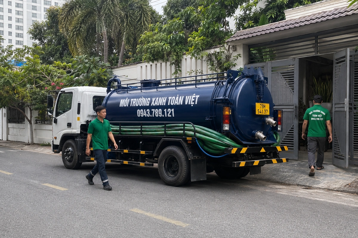 Xe hút hầm cầu trên đường vào khu dân cư tại Khánh Hòa