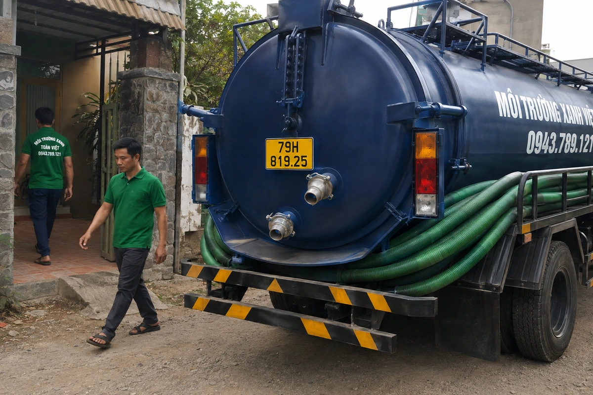 Xe hút hầm cầu đậu trước nhà dân tại Khánh Hòa