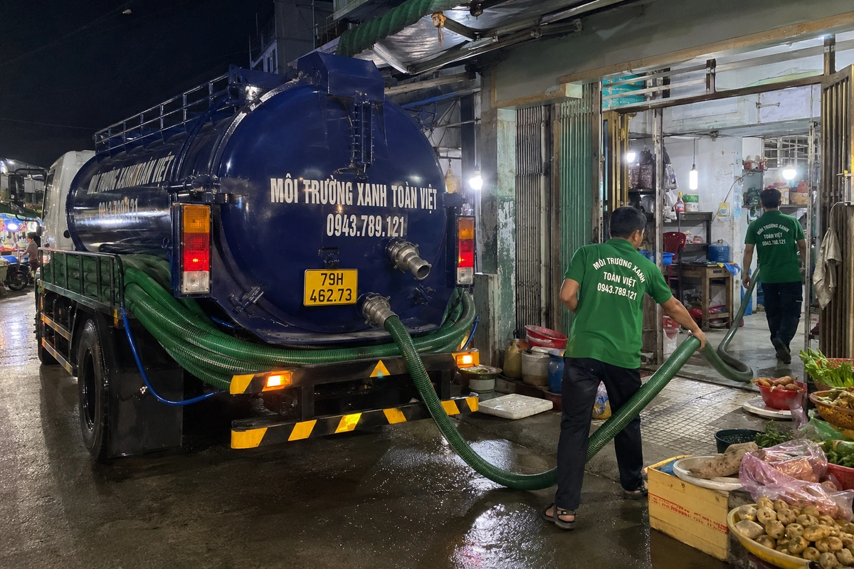 Xe hút hầm cầu đậu cạnh dãy hàng quán tại Khánh Hòa