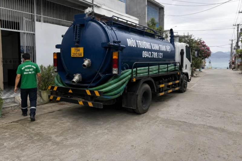 Hút hầm cầu Khánh Hòa giá rẻ uy tín | Toàn Việt 19 Xe bồn đỗ trên đường cạnh dãy nhà
