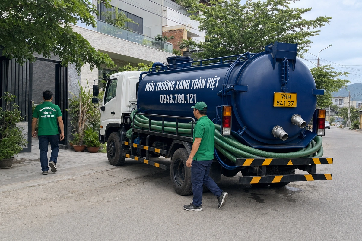 Xe hút hầm cầu đậu trên đường ven biển tại Khánh Hòa