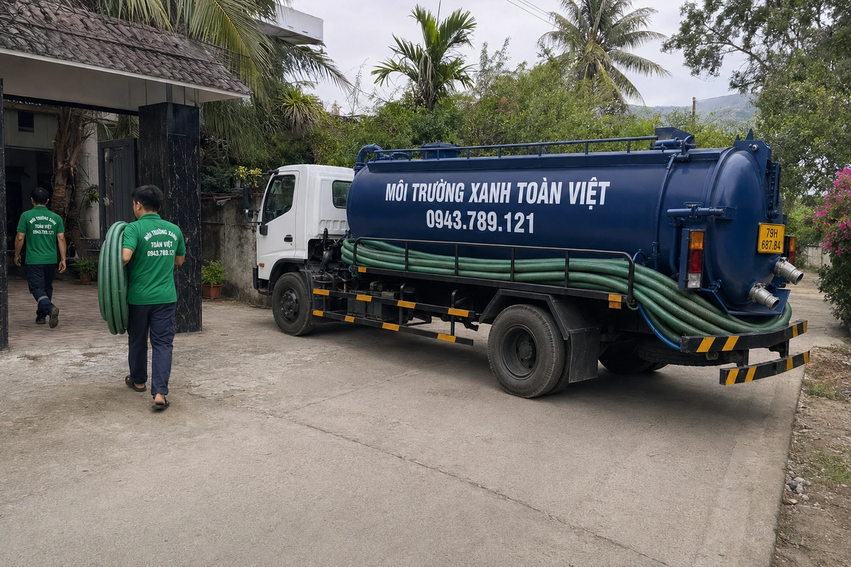 Nhân viên vác cuộn ống hút từ xe vào nhà khách tại Khánh Hòa
