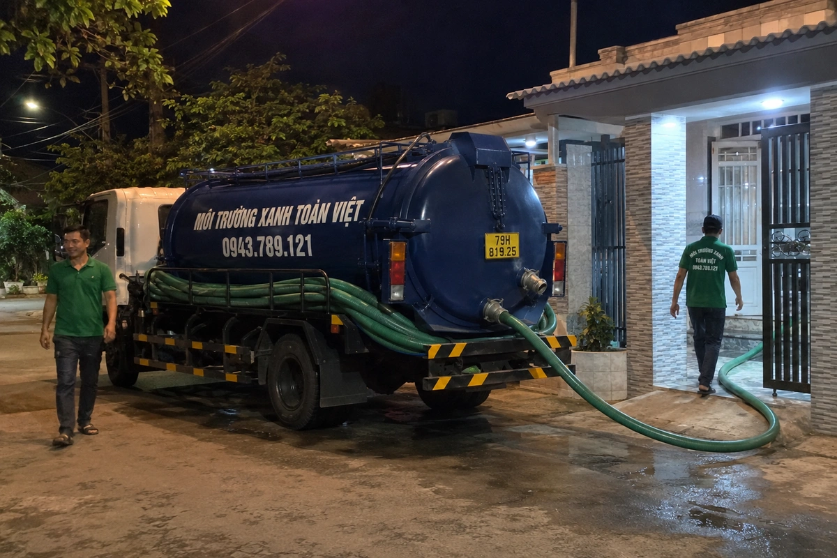Hút Hầm Cầu Khánh Vĩnh, Tính theo m³, Đến Nơi 30 Phút 10 Xe hút hầm cầu đậu trước nhà dân tại Khánh Hòa