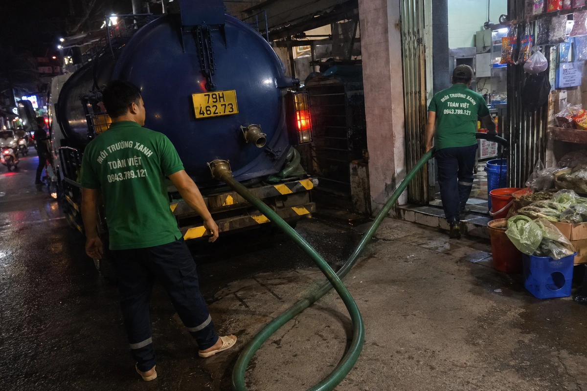 Hút Hầm Cầu Khánh Vĩnh, Tính theo m³, Đến Nơi 30 Phút 12 Xe hút hầm cầu đậu cạnh dãy hàng quán tại Khánh Hòa