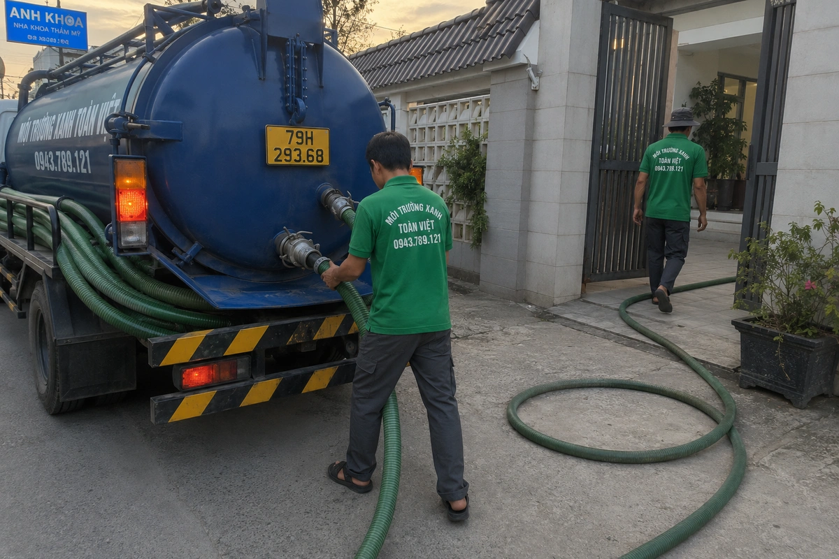 Hút Hầm Cầu Khánh Vĩnh, Tính theo m³, Đến Nơi 30 Phút 15 Nhân viên kéo ống từ xe hút hầm cầu vào nhà khách tại Khánh Hòa