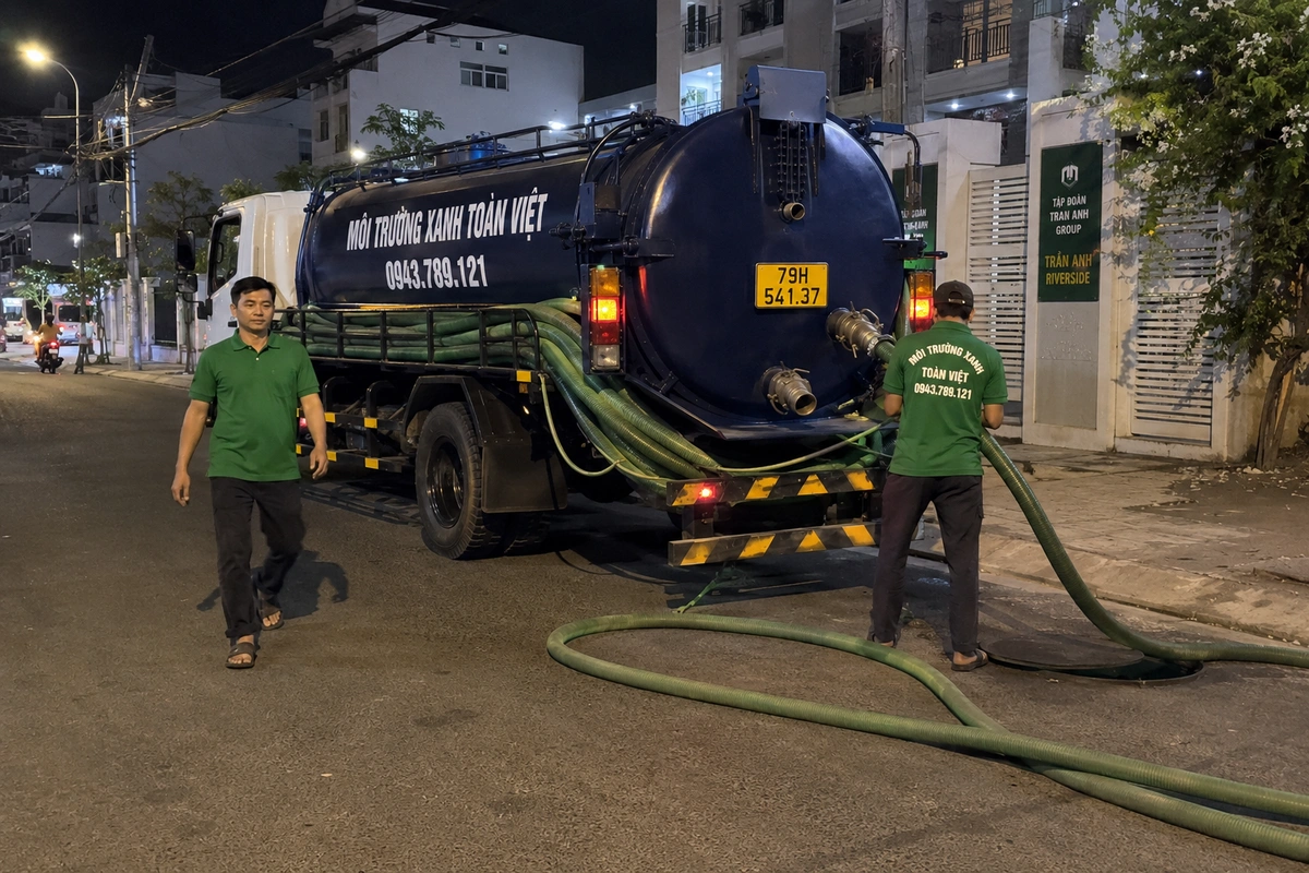 Xe hút hầm cầu làm ca tối tại khu dân cư ở Khánh Hòa