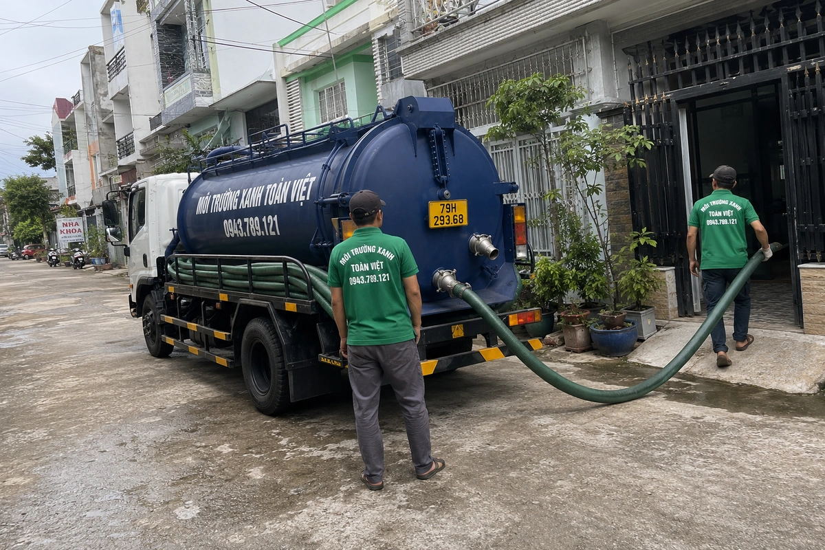 Xe hút hầm cầu vào tận đường nhỏ khu dân cư tại Khánh Hòa