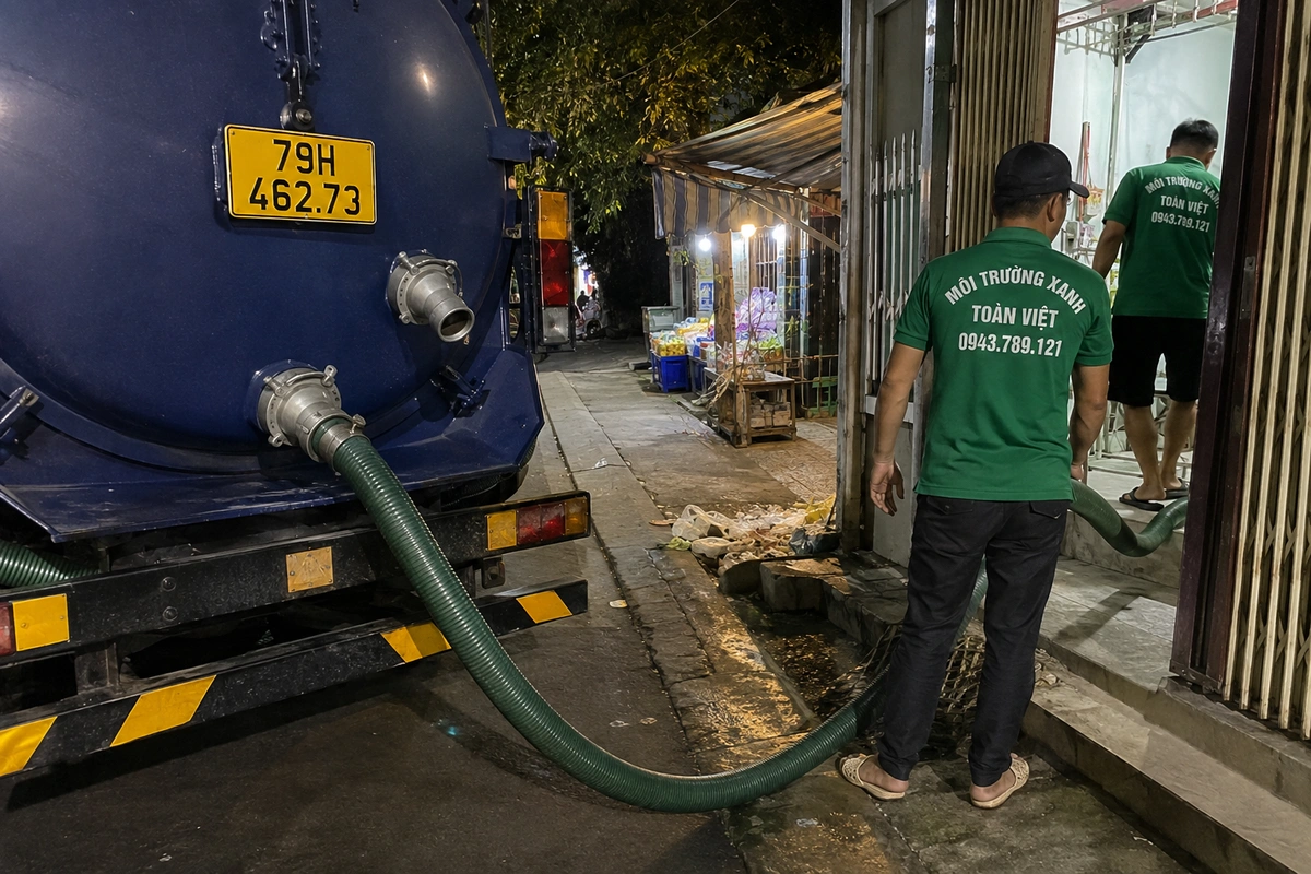 Hút Hầm Cầu Ninh Hòa, Tính theo m³, Đến Nơi 30 Phút 10 Xe hút hầm cầu đậu cạnh dãy hàng quán tại Khánh Hòa
