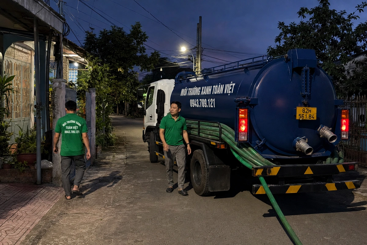 Hút Hầm Cầu Đắk Tô Kon Tum 24/7, Báo Giá Theo Khối Và Khối 13 Xe hút hầm cầu làm ca tối tại khu dân cư ở Kon Tum