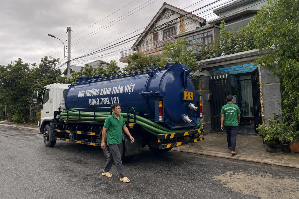 Xe hút hầm cầu trên đường vào khu dân cư tại Kon Tum