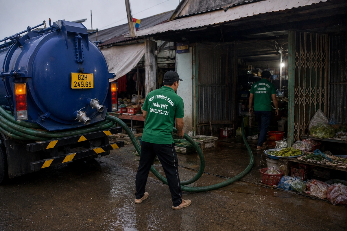 Hút Hầm Cầu Ia H'Drai Kon Tum 24/7, Tính m³ Và Khối 14 Xe hút hầm cầu đậu cạnh dãy hàng quán tại Kon Tum