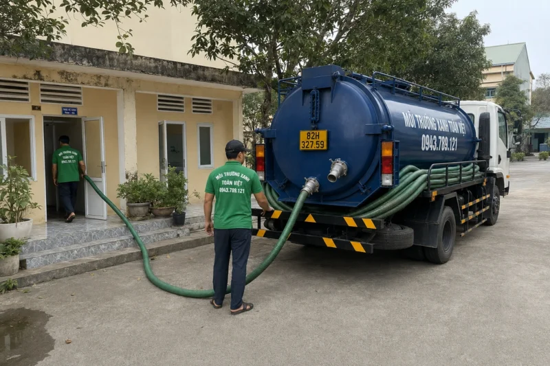 Xe bồn và nhân viên đứng trước một dãy nhà