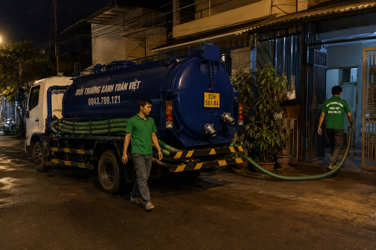 Xe hút hầm cầu làm ca tối tại khu dân cư ở Kon Tum
