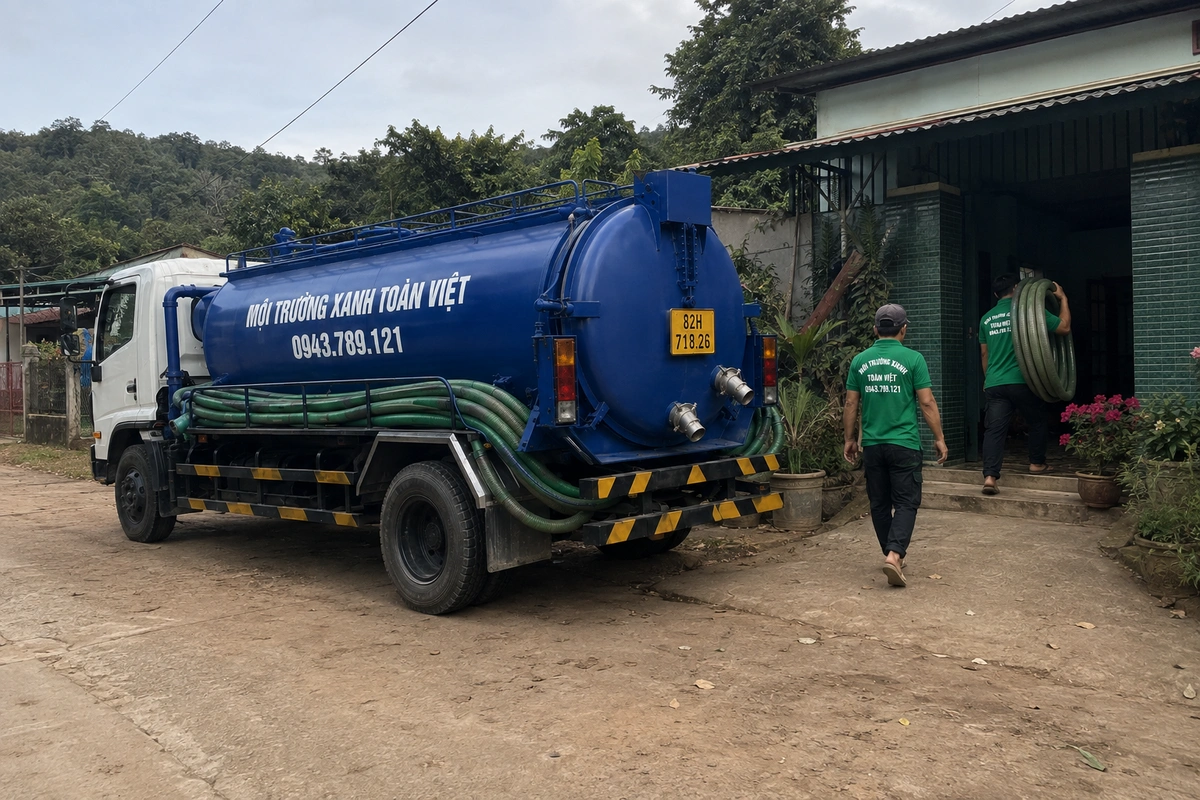 Xe hút hầm cầu trên đường vào khu dân cư tại Kon Tum