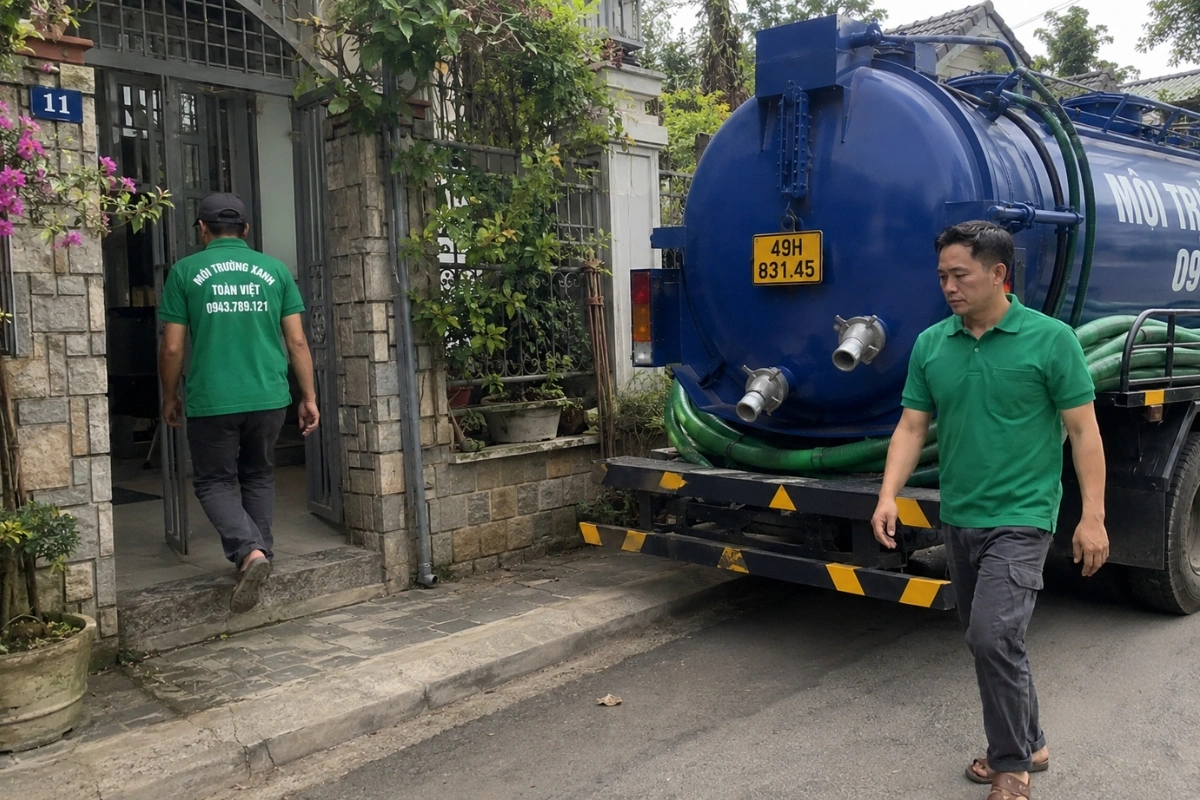 Hút Hầm Cầu Đạ Huoai 24/7, Báo Giá Theo Khối Và Khối 14 Xe hút hầm cầu đậu trước nhà dân tại Lâm Đồng